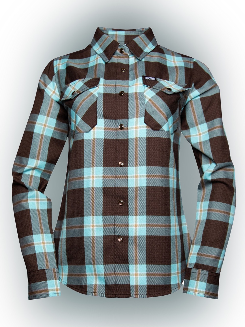 DIXXON FLANNEL Tahiti Brown Turquoise Plaid Shirt Womens Small NWOT D-Tech